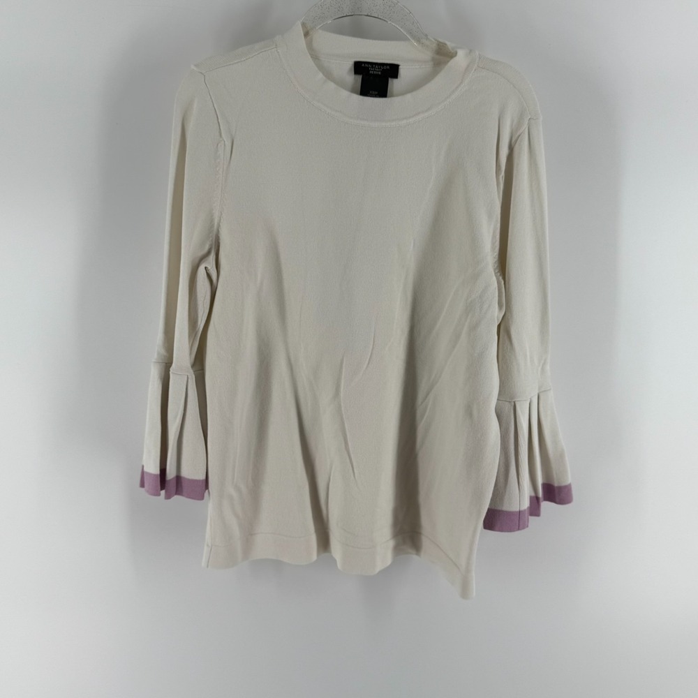 Ann Taylor Factory Sweater Women Petite XS White Rayon Knit 3/4 Bell Sleeve